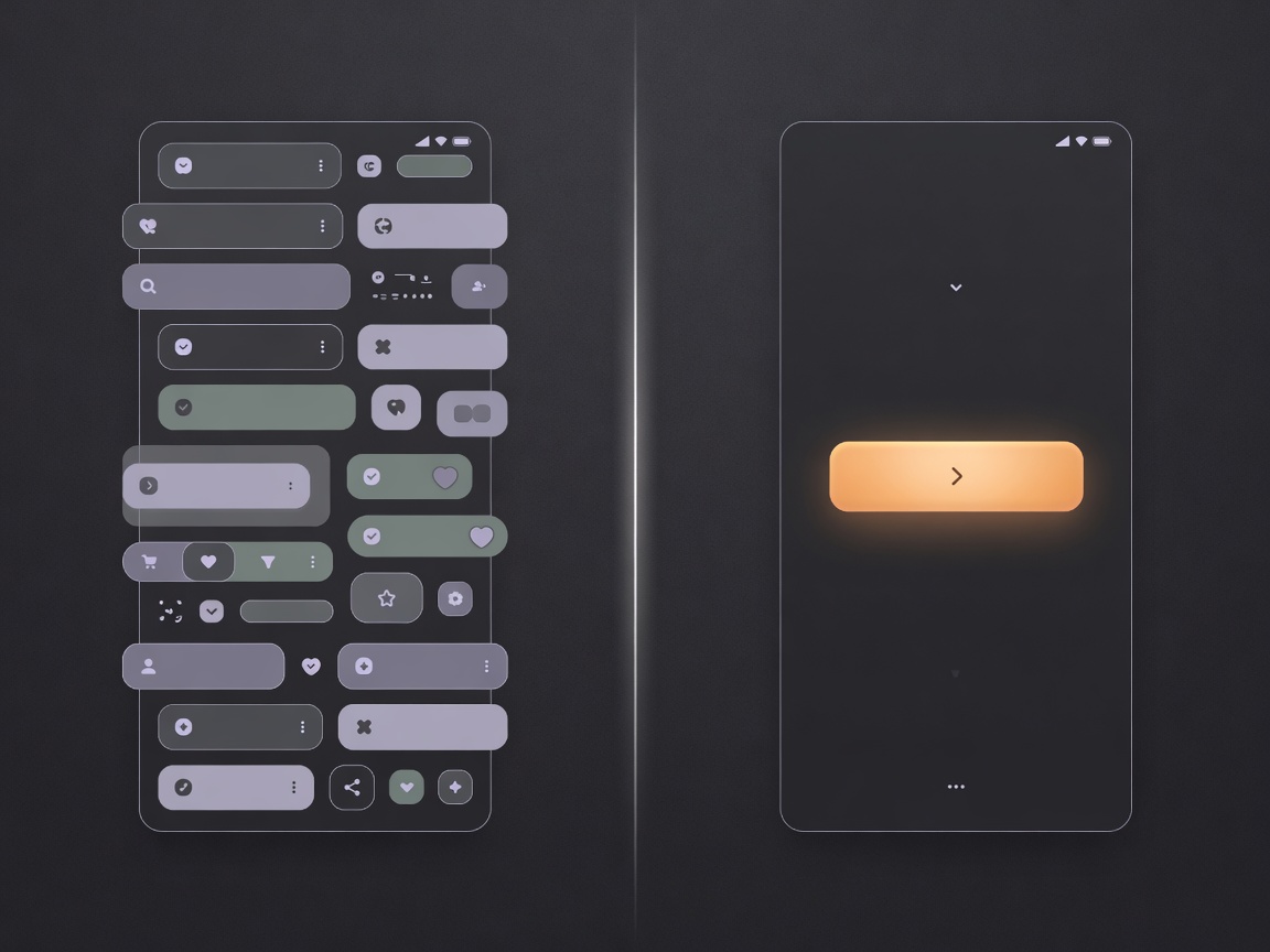 Split comparison of a cluttered interface full of controls versus a single focused amber button