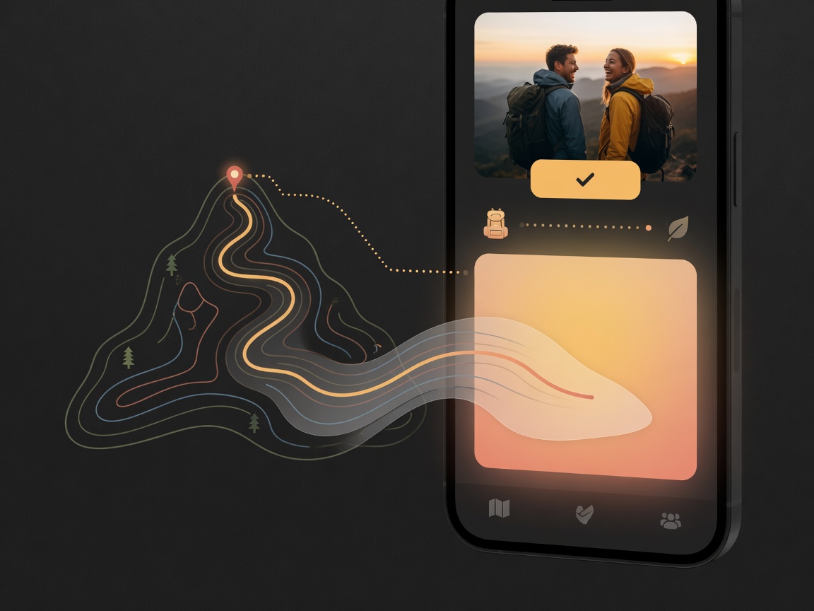Trail map flowing into a phone screen that shows a matched adventure partner card