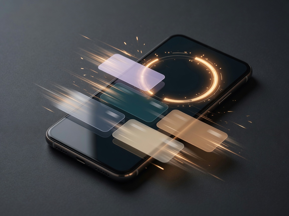 Phone with a glowing load ring and UI cards snapping into place with motion streaks