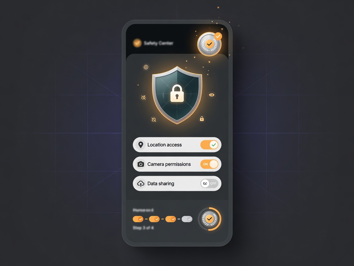 Safety and privacy screen with shield, verified badge, and clear permission toggles