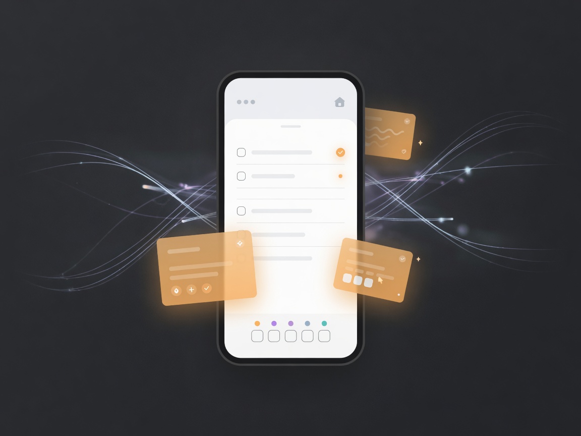 Simple phone checklist with floating AI suggestion cards and soft neural light trails