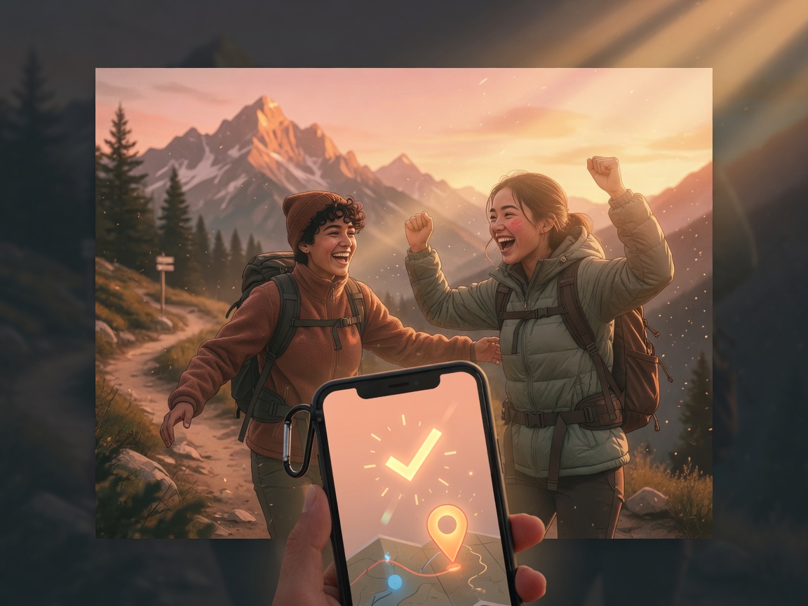 Two hikers celebrating on a mountain trail while a phone shows a success check and map pin