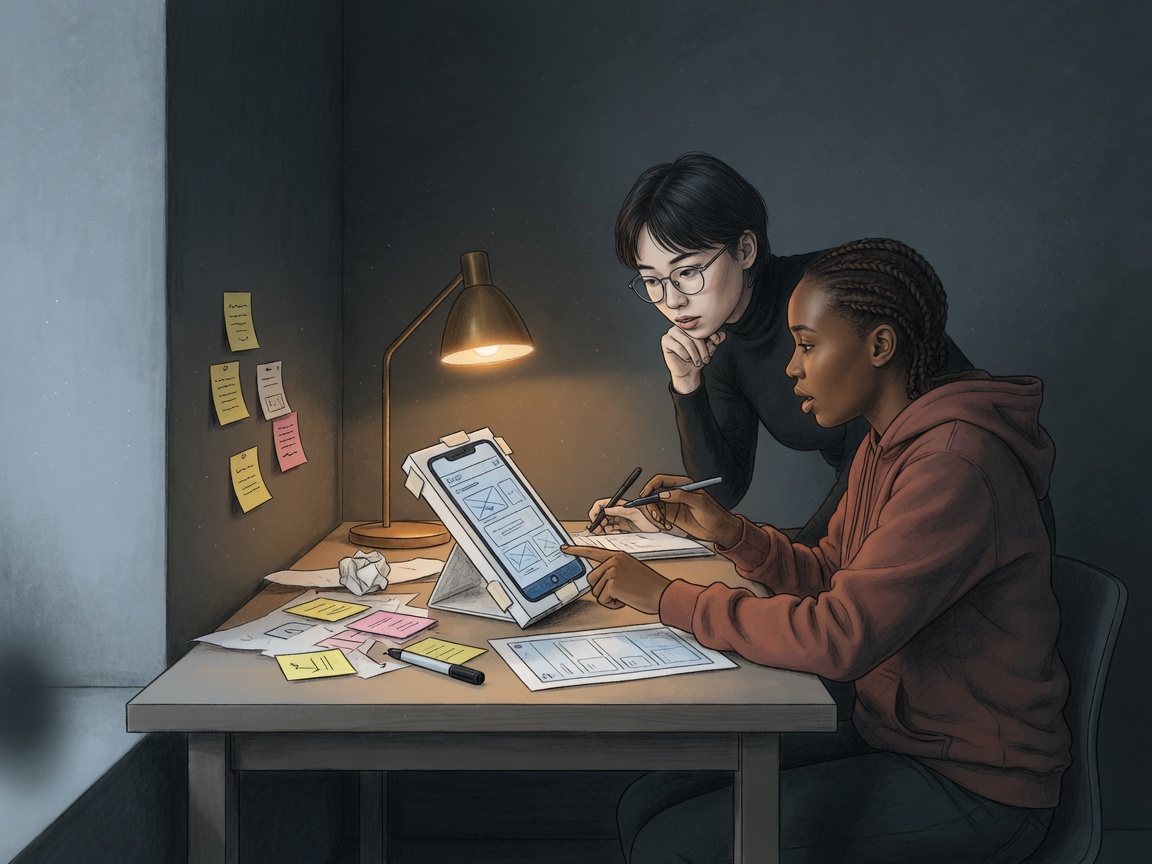 Designer and tester reviewing a phone prototype at a desk with sticky notes and sketches