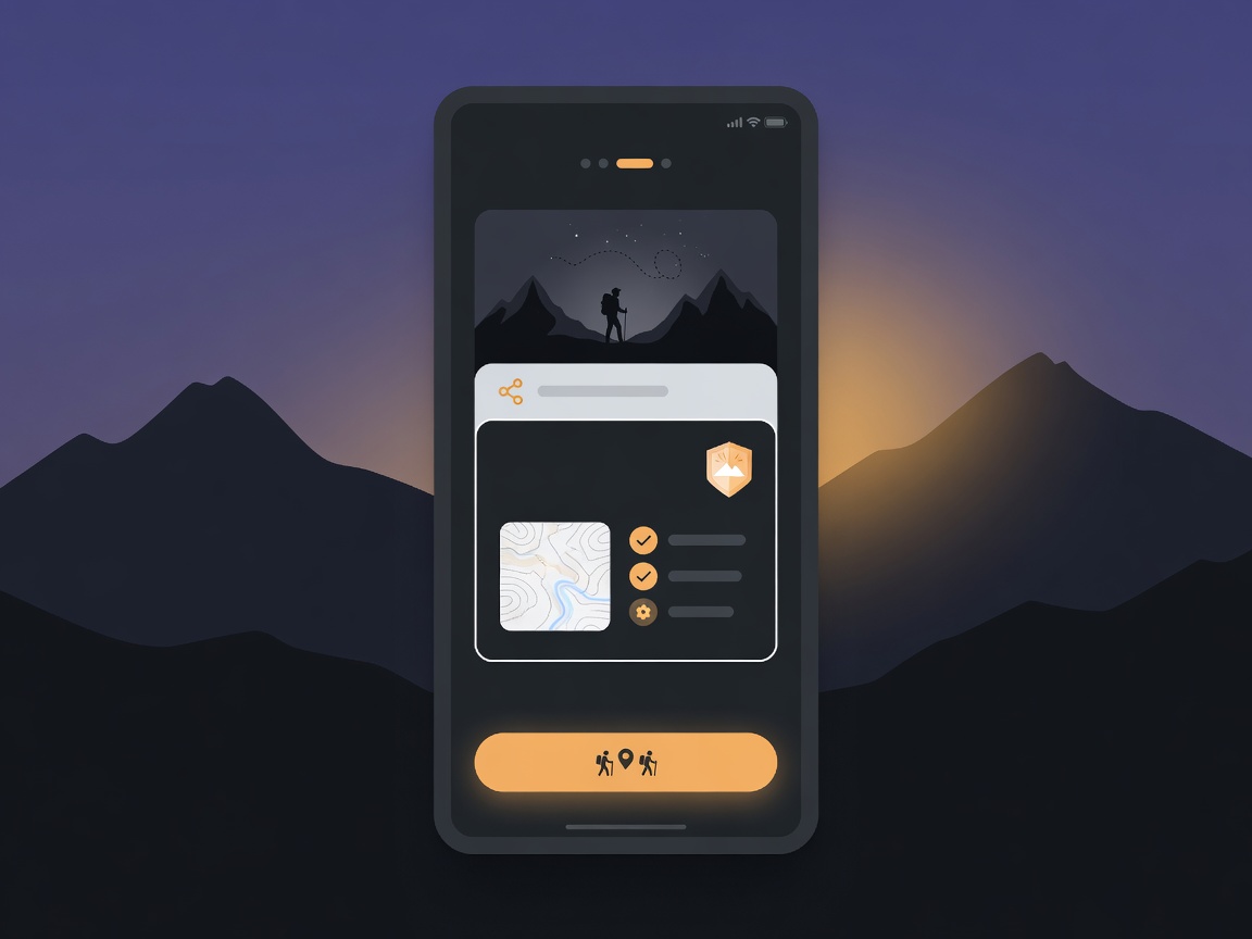 Adventure partner app UI with map, safety cues, and a single find partner call to action
