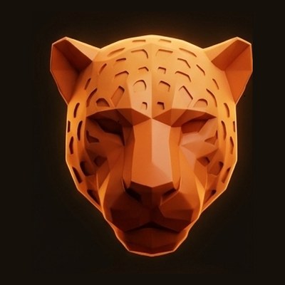 Low-poly geometric jaguar head in warm sunset colors