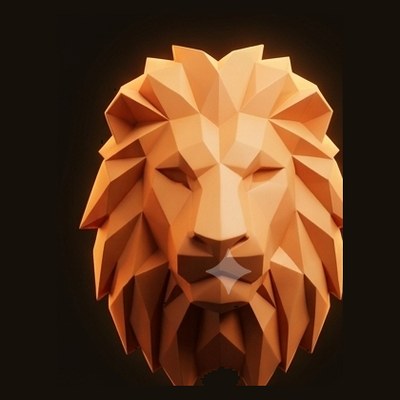 Low-poly geometric lion head in warm sunset colors