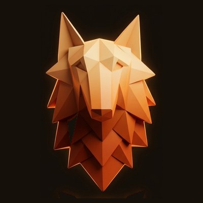 Low-poly geometric wolf head in warm sunset colors